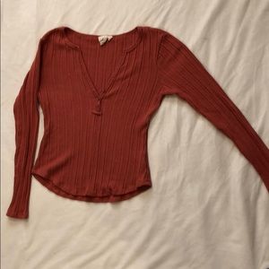 Red V-neck Henley top